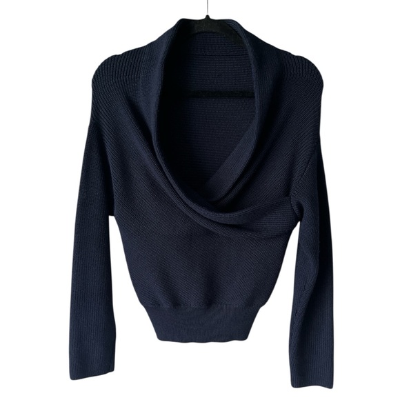 Ballsey Sweaters - Ballsey Faux Wrap Shawl Collar Silk Wool Blend Sweater Small Navy Blue
